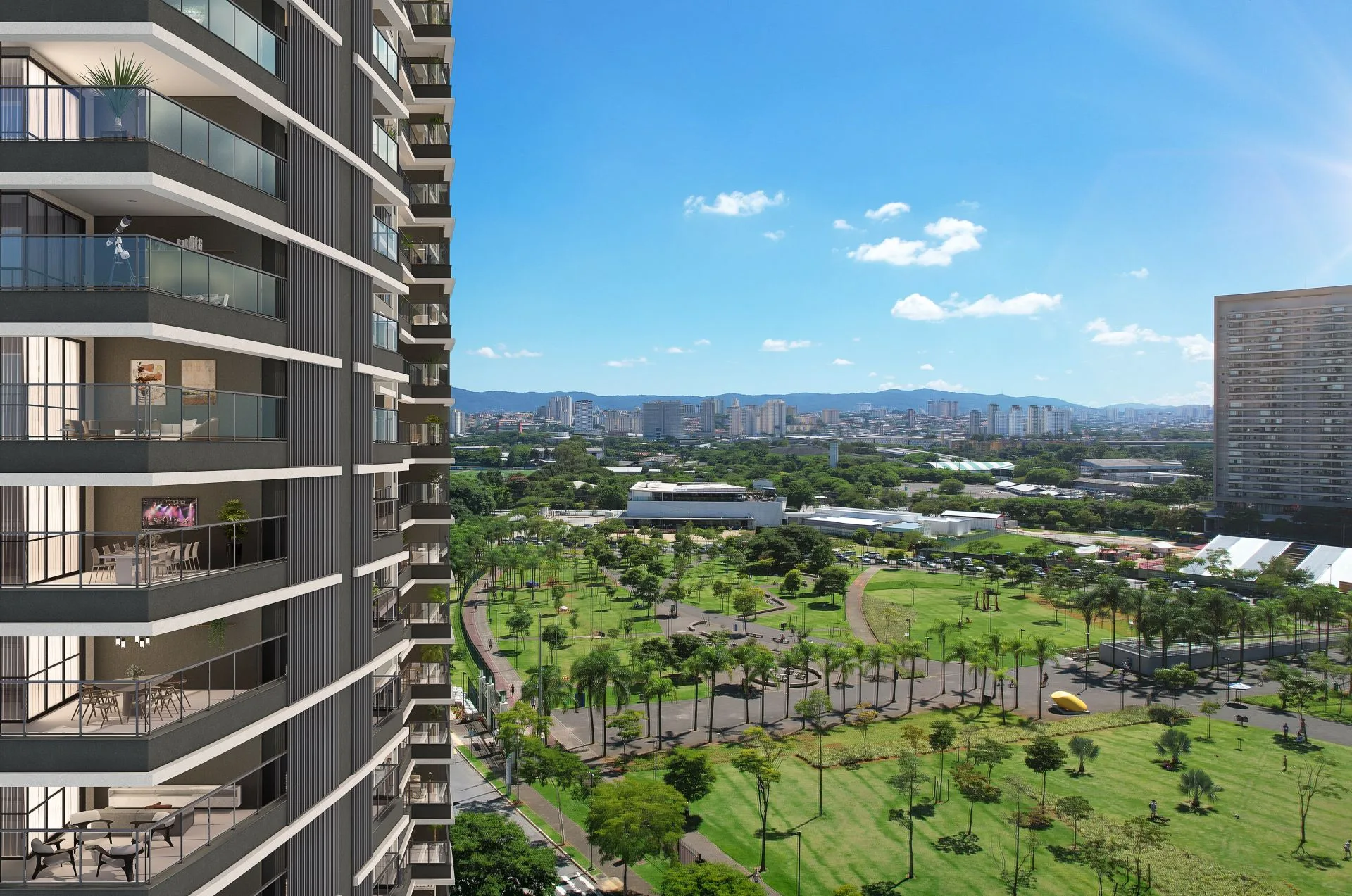 Vista fachada com parque ao fundo